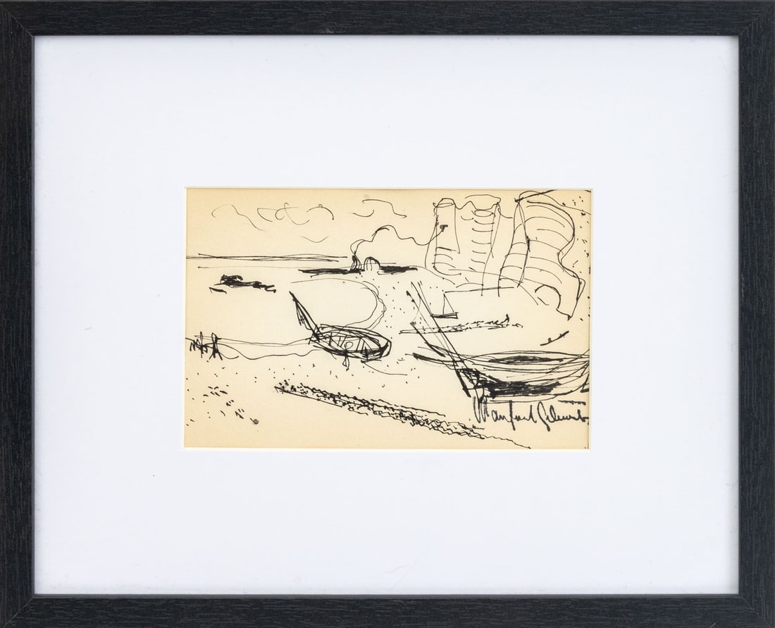 Manfred Schwartz Etretat Study Ink on Paper: Manfred Schwartz (American, born Poland, 1909-1970), Etretat Study, Ink on Paper, artist's signature stamp lower right, black easel frame. Image: 3.5" H x 5.5" W; frame: 8.75" H x 10.75" W x 0.25" D.