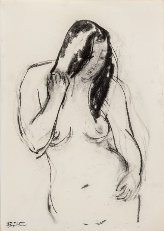 Manfred Schwartz Standing Nude Woman Charcoal: Manfred Schwartz (American, born Poland, 1909-1970), Standing Nude Woman, Charcoal on Paper, with the artist's signature stamped lower right, unframed. 20" H x 14.25" W. Provenance: From a 35 East 75t