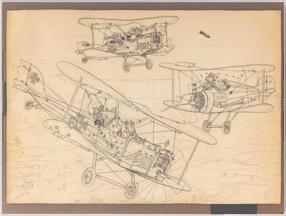 Repin World War II Dog Fight Pen and Ink on Paper: Repin (XX), World War II Dog Fight Scene, Pen and Ink on Paper, signed lower right, shadowbox frame. Image: 16.5" H x 23.25" W; frame: 18.5" H x 24.5" W x 1.5" D. Provenance: From a New York City
