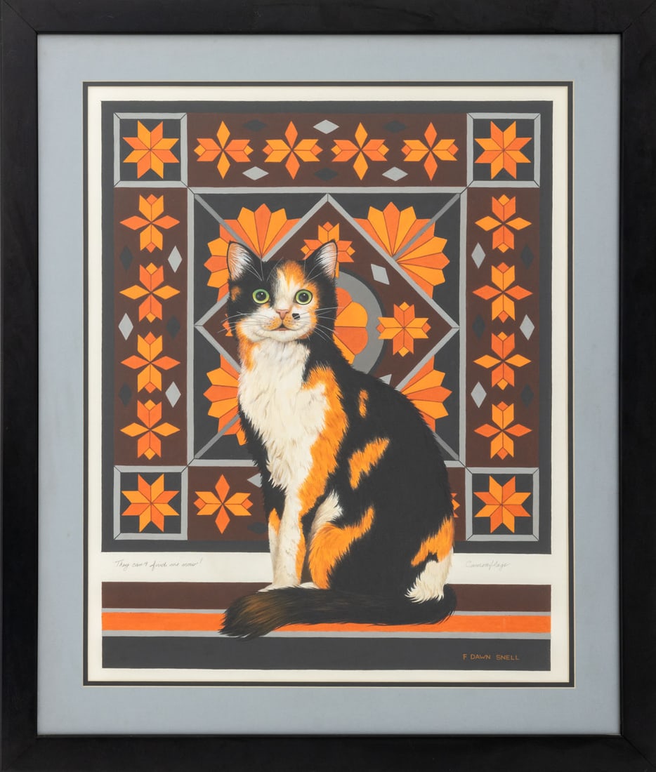 F. Dawn Snell "Camouflage" Gouache on Paper: F. Dawn Snell (Canadian, 1928-2006), "Camouflage", Gouache on Paper, signed and titled lower right, inscribed "They can't find me now!" lower left, ebonized wood frame. Image: 23" H x 18" W; frame: 31