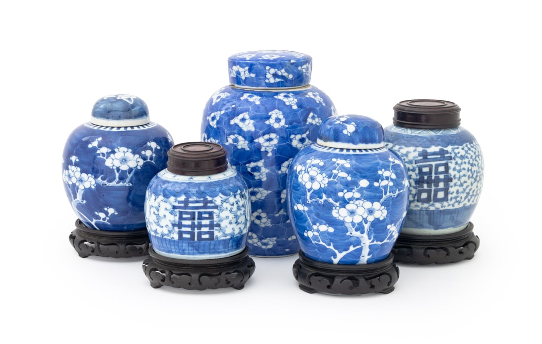 Chinese Blue and White Porcelain Covered Jars, 5: Coollection of Five Chinese Blue and White Porcelain Covered Jars, comprising: pair with cherry blossom motif and double circle mark to underside, (2) two with character motif and wood lids, and one