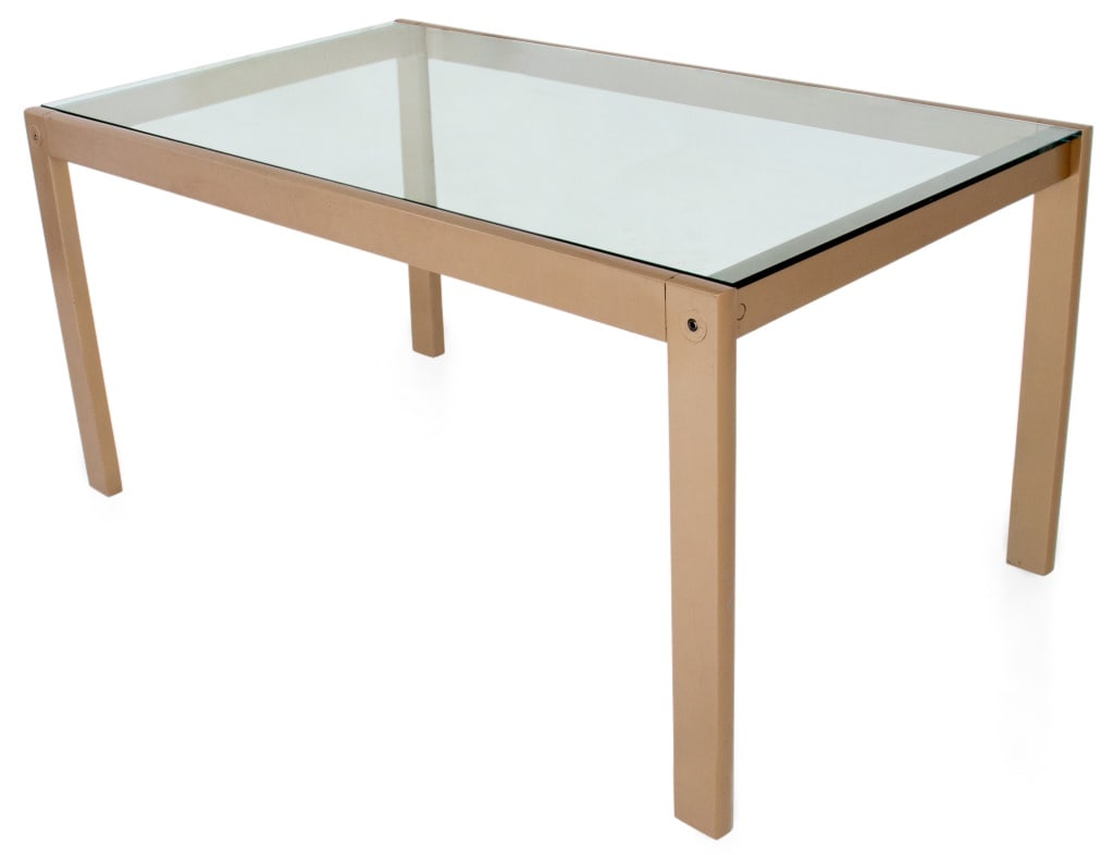 Modern Glass Inset Enameled Metal Dining Table: Modern Glass Inset Enameled Metal Dining Table. 29" H x 60" W x 35" D. Provenance: Property from a 333 E 69th Street Estate. Keywords: Modern Furniture, Modernist, Modernism, Design Within Reach, Glas