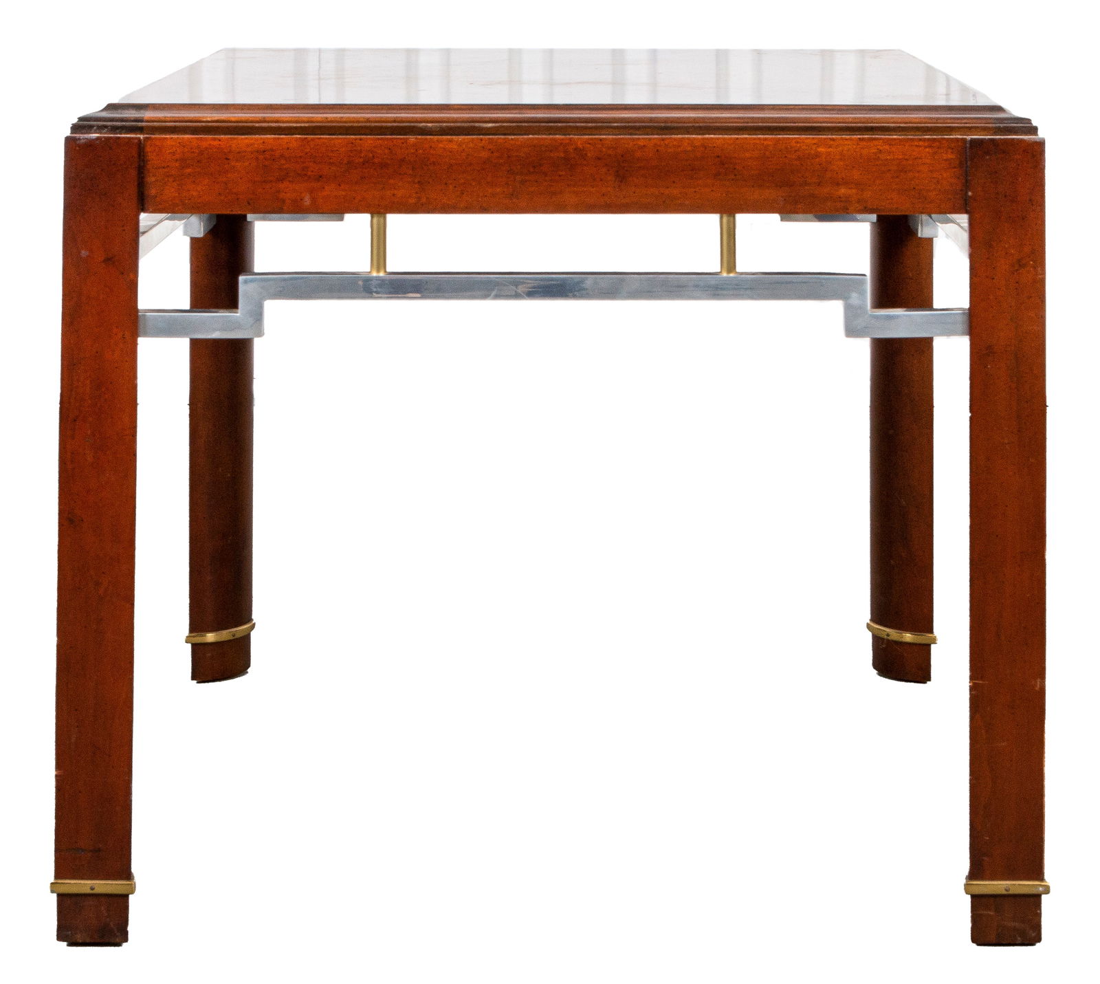 Asian Modern Style Side Table: Asian Modern Style Square Top Side Table, with Chinoiserie style fret work decoration. 24" H x 28" W x 28" D. Provenance: Property from the 5th Avenue residence of Jill and Ken Iscol. Keywords: Vintag