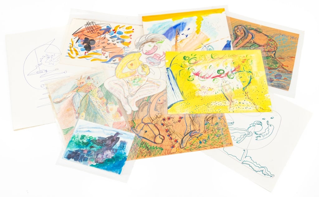 Eva Bouzard-Hui Surrealist Mixed Media on Paper 10: Eva Bouzard-Hui (American, 1936-2023), Ten Surrealist Compositions, Mixed Media on Paper, comprising: Untitled, 1986, signed and dated lower right; "Ride on Sea Turtle", 1985 signed and dated lower le