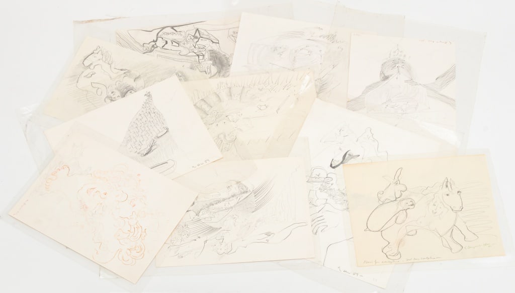 Eva Bouzard-Hui Surrealist Graphite on Paper, 10: Eva Bouzard-Hui (American, 1936-2023), Ten Surrealist Compositions, Graphite on Paper, each with title and label to reverse, comprising: "Luck Be With You", 1989, signed and dated lower right; "Feathe