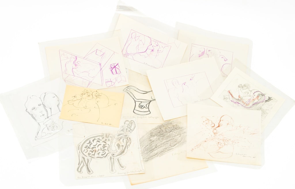 Eva Bouzard-Hui Surrealist Mixed Media, 11: Eva Bouzard-Hui (American, 1936-2023), 11 Surrealist Compositions, Mixed Media on Paper, each with title and label verso, comprising: "Mystical Treasures", 1989, signed and dated in pencil lower right