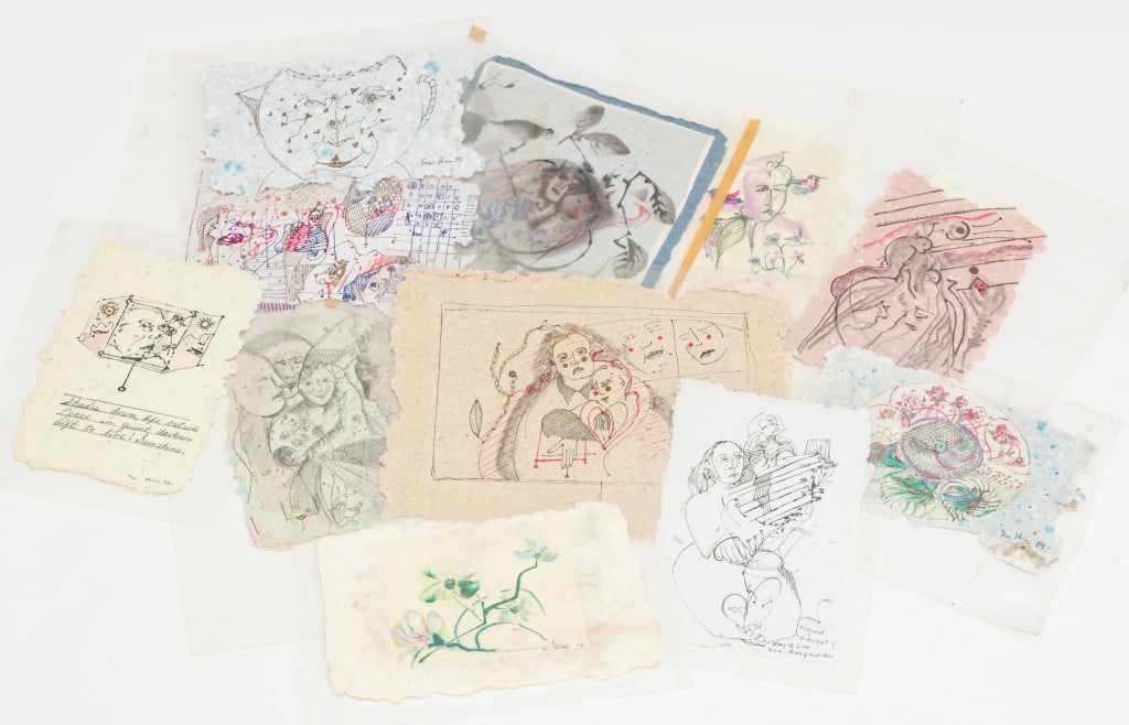 Eva Bouzard-Hui Surrealist Mixed Media, 11: Eva Bouzard-Hui (American, 1936-2023), Eleven Surrealist Compositions, Mixed Media on Handmade Paper, each with title and label verso, comprising: "Hold On to Tenderness", 1998, signed and dated to lo