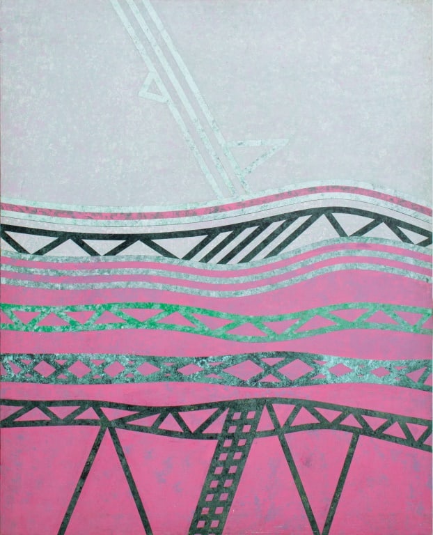 Eva Bouzard-Hui "Ladder to Heaven" Oil on Canvas: Eva Bouzard-Hui (American, 1936-2023), "Ladder to Heaven", Oil on Canvas, apparently unsigned, artist's estate label with title, numbered "Oil Painting Twenty Seven", and dimensions verso, unframed. 6