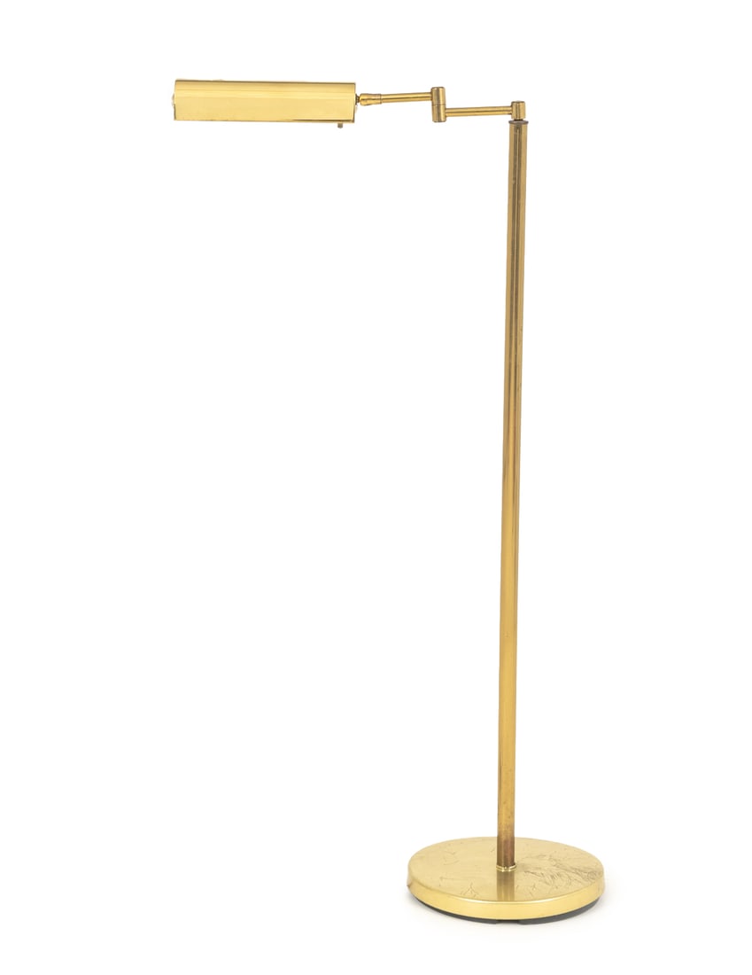 Hansen Style Brass Floor Lamp: Hansen Style Brass Floor Lamp, with articulated light and arm. 45" H x 19" W x 11" Diameter. Provenance: From an Upper West Side, New York City Estate. Keywords: Lighting, Standing lamp, Torchiere, To
