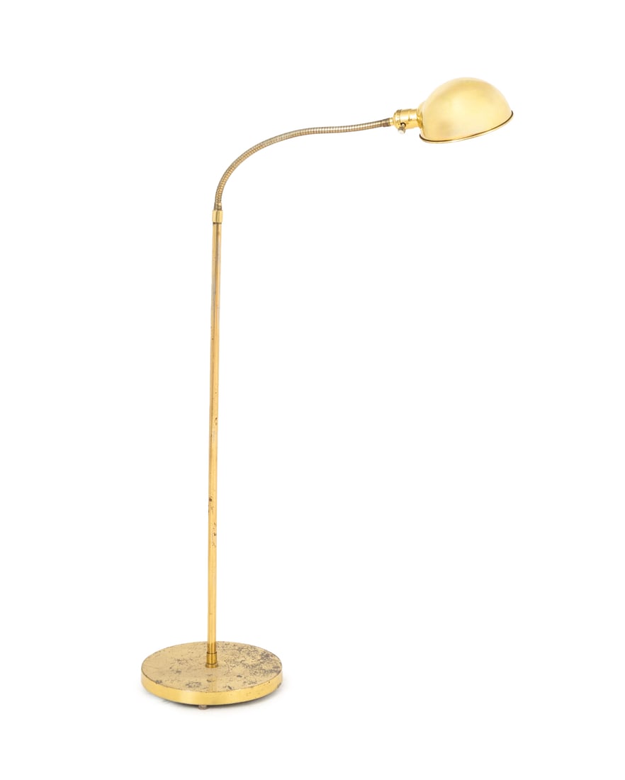 Mid-Century Modern Brass Adjustable Floor Lamp: Mid-Century Modern Brass Adjustable Floor Lamp, marked "Leviton" to shade. Outstretched: 60" H x 10" Diameter base. Provenance: From an East 74th Street Estate. Keywords: Lighting, MCM, Vintage, Retro
