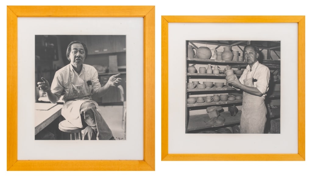 C. Elquist Photographs of Ka-Kwong Hui, 2: C. Elquist (XX), Two Portraits of Ceramic Artist Ka-Kwong Hui, Black and White Photographs, signed "C. Elquist" lower right, wood frames. Image: 17" H x 14.75" W; frame: 26.75" H x 24" W. Provenance:
