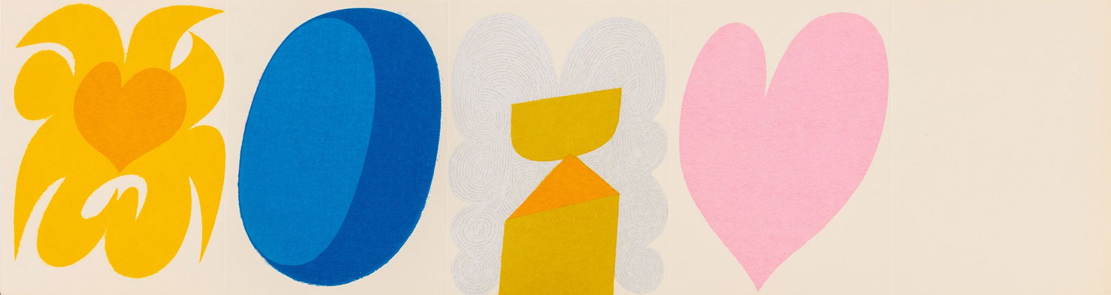 Carol Summers Hearts and Shapes Woodblock Print: Carol Summers (American, 1925-2016), Hearts and Shapes, Woodblock Print in Colors on Cardstock, signed in print to center, unframed. 30" L x 8" W. Provenance: From a Chelsea Townhouse. Keywords: Print