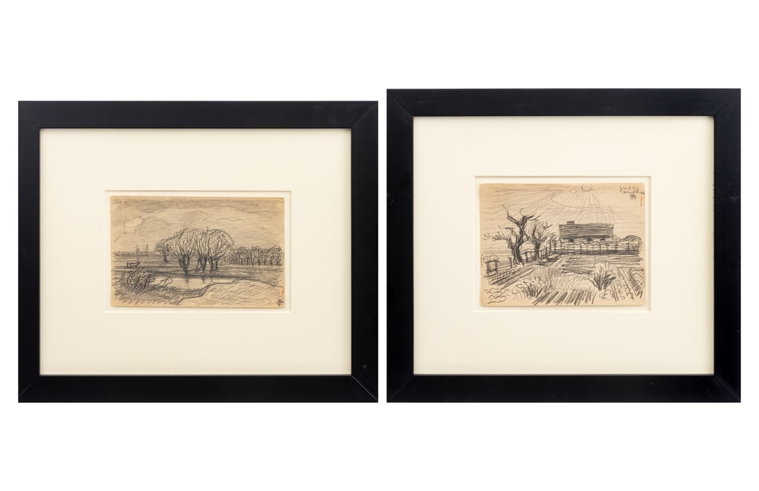 Oscar F. Bluemner Landscapes Graphite, 1910, 2: Oscar Florianus Bluemner (American, born Germany, 1867-1938), Two Village Landscape Scenes, Graphite on Paper, comprising: "Spring", 6 April 1910, and "Grant, N.J.", 30 May 1910, each signed with arti