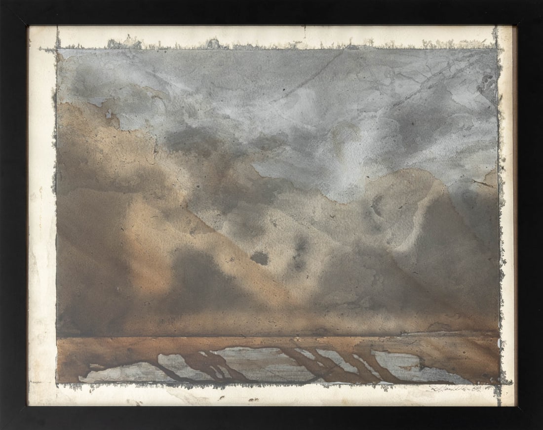 Richard Hambleton Untitled Mixed Media, 2003: Richard Hambleton (Canadian, 1952-2017), Untitled (Landscape Scene), Mixed Media with Blood on Paper, 2003, signed in ink and dated lower right, black frame. Image: 15.25" H x 20.25" W; sheet: 18" H
