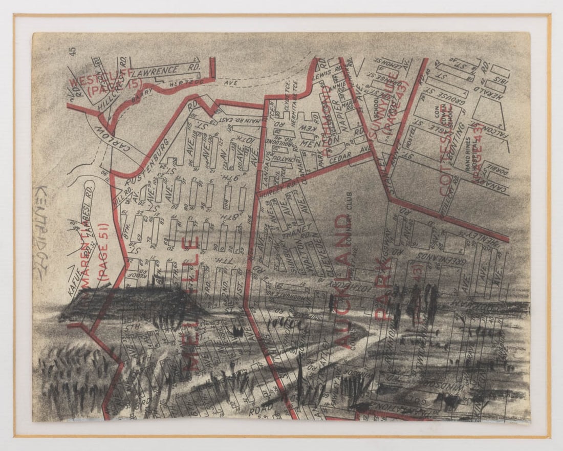 William Kentridge "Waldsee 1944" Charcoal, 2003: William Kentridge (South African, b. 1955), "Waldsee 1944: Budapest / Soweto", Charcoal and Ink on Paper, 2003, signed in pencil vertically left edge, black frame. Image: 4.75" H x 6.25" W; frame: