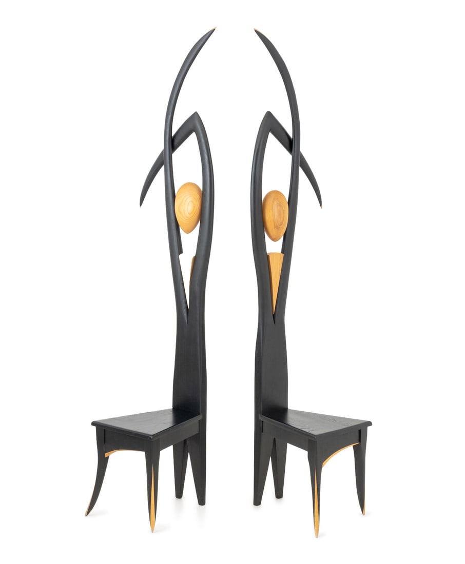 Wayne Pelham "Dancer" Figural Chairs, 2: Two Wayne Pelham (American, XX-XXI) "Dancer II" and "Dancer III", Ebonized and Elm Wood Figural Side Chairs, 1995-1996, signed, titled and dated to underside. 78" H x 21" W x 17" D; 15.25" H.
