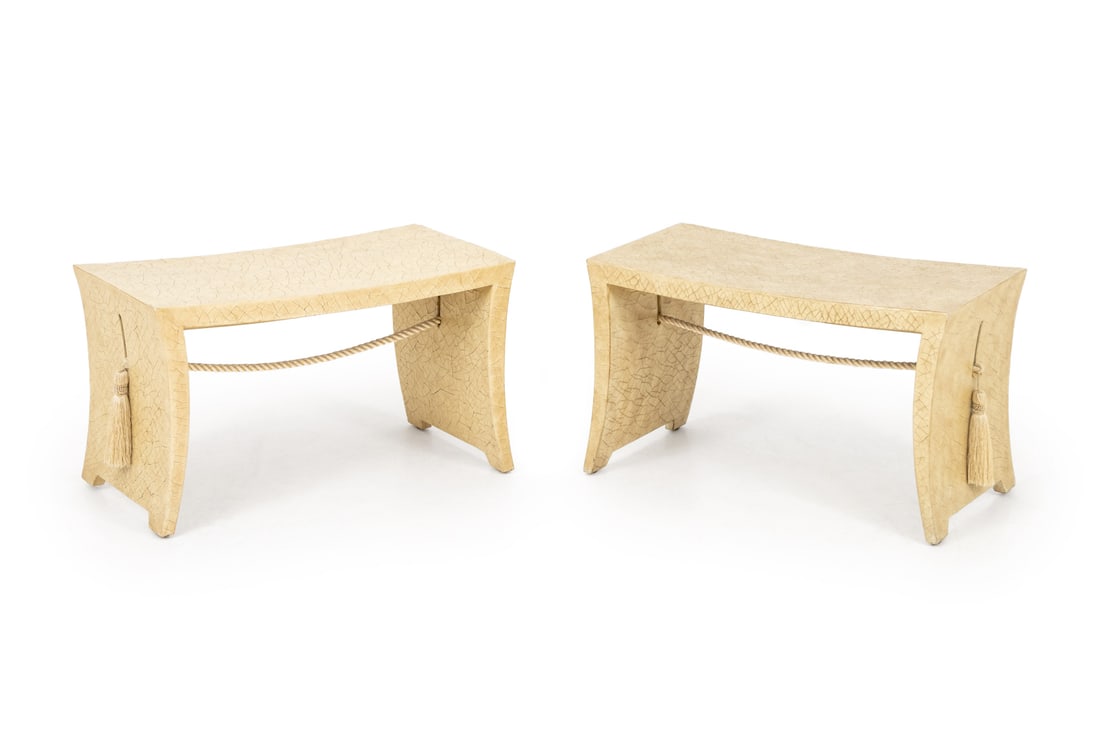 Thomas Pheasant x Baker Tassel Pagoda Benches, Pr.: Pair of Thomas Pheasant for Baker Furniture Tassel Pagoda Benches, each with silk tassels, splayed legs, and cream crackle finish. 16.5" H x 28" W x 14.25" D. Provenance: From a 320 Central Park West