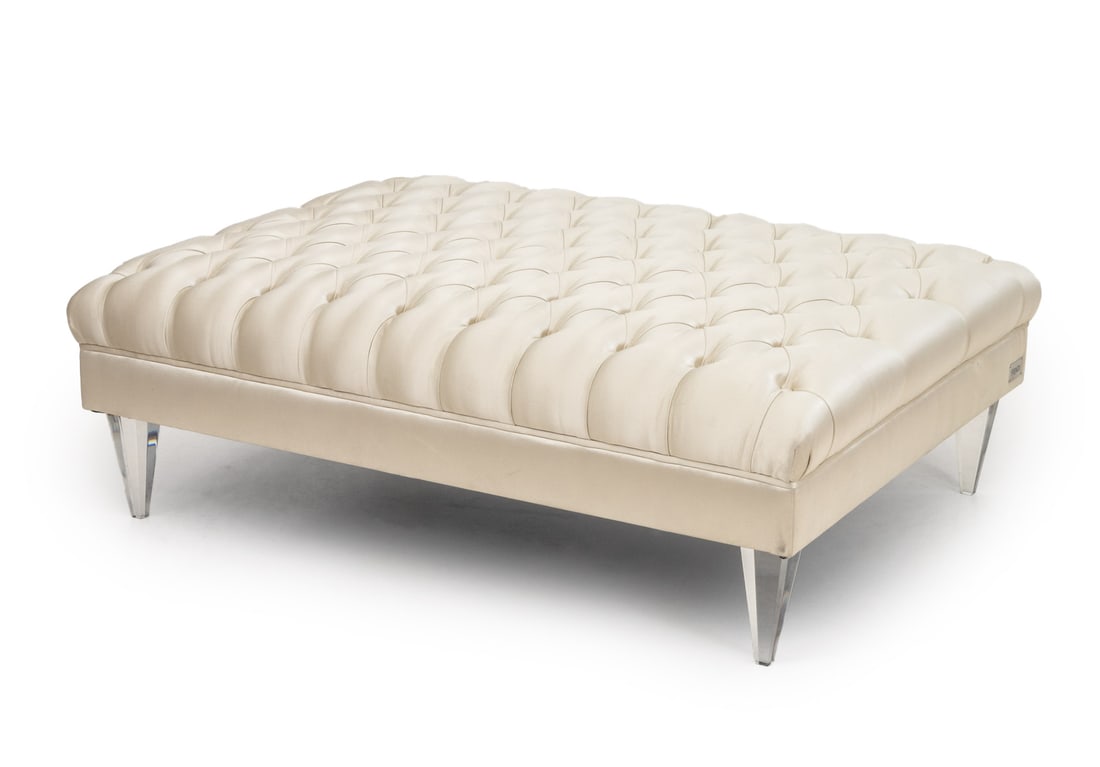 Fendi Tufted White Silk Upholstered Bench: Fendi Button-Tufted White Silk Upholstered Bench, on four tapered acrylic legs, "Fendi" label to the side. 16" H x 48" W x 36.5" D. Provenance: From a Bronxville Collection. Keywords: Modern
