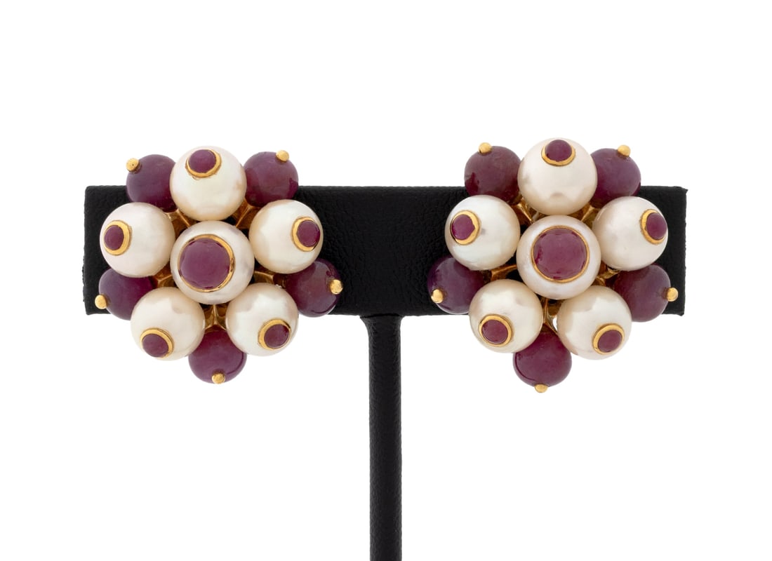 Trianon x Seaman Schepps 18K Gold Ruby Earrings: Pair of Trianon for Seaman Schepps 18K Yellow Gold Cultured Pearl and Ruby Cluster Earrings, featuring 12 round cultured pearls approx. 6.5 - 7.0 mm, adorned with 10 round ruby beads approx. 6.50 -