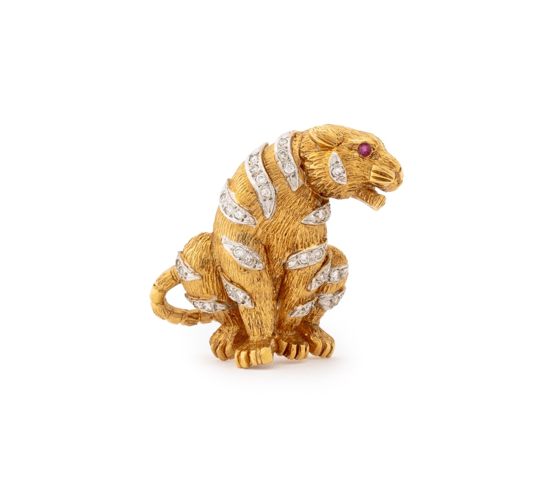 18K Yellow Gold Ruby Diamond Tiger Form Brooch (1 of 8)