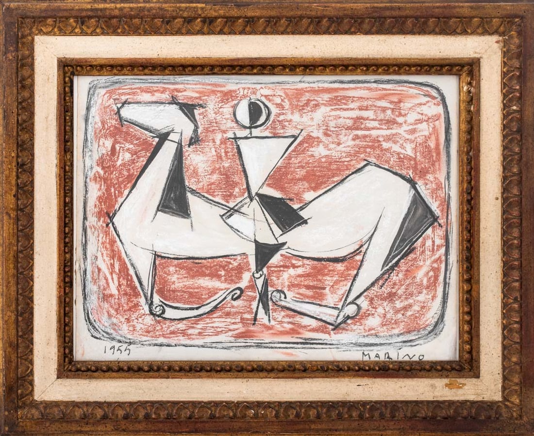 Marino Marini Cavaliere Mixed Media on Paper, 1955: Marino Marini (Italian, 1901-1980), "Untitled (Cavaliere)", Mixed Media on Paper, 1955, chalk pastel and wash, signed "Marino" lower right and dated lower left, carved giltwood frame. Image: 11.5" H x