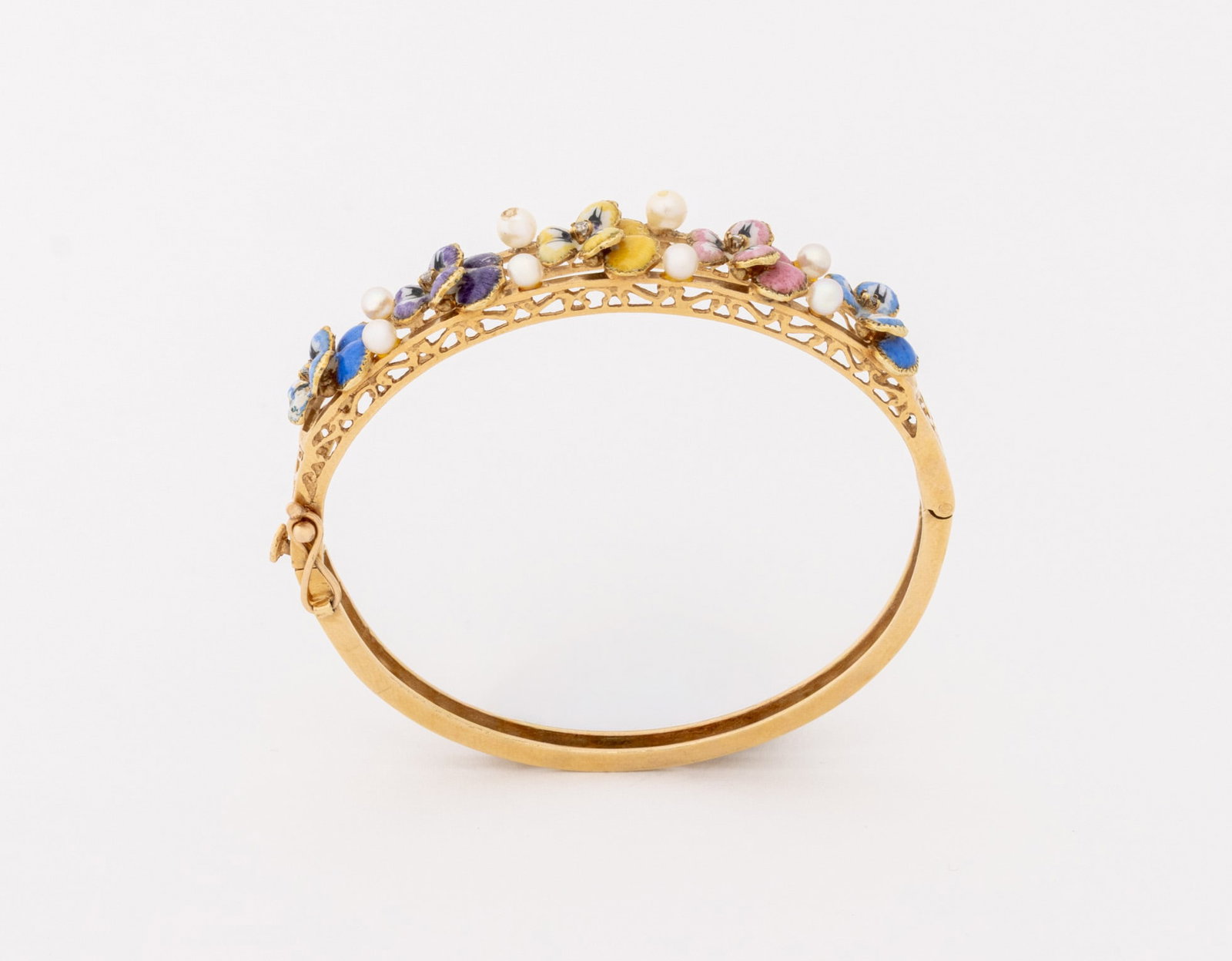 14K Yellow Gold Diamond Enamel Pearl Bangle - 11
