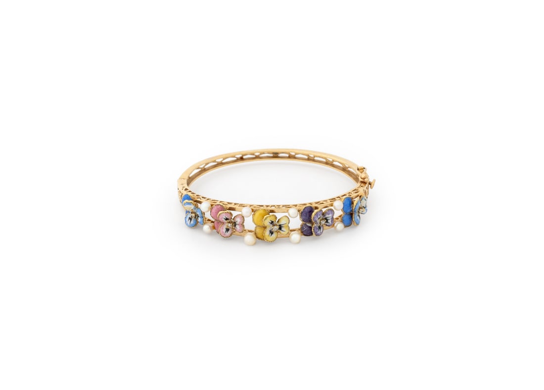 14K Yellow Gold Diamond Enamel Pearl Bangle (1 of 12)
