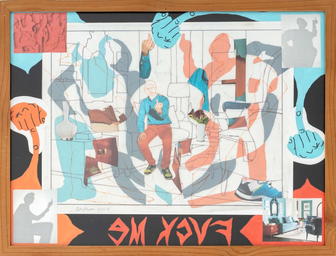 Pieter Schoolwerth "Fuck Me #00" Mixed Media, 2017: Pieter Schoolwerth (American, b. 1970), "Fuck Me #00", Mixed Media Collage, 2017, signed in pencil and dated lower left, label verso, wood frame. Image: 17.5" H x 23.5" W; frame: 19.25" H x 25.25" W