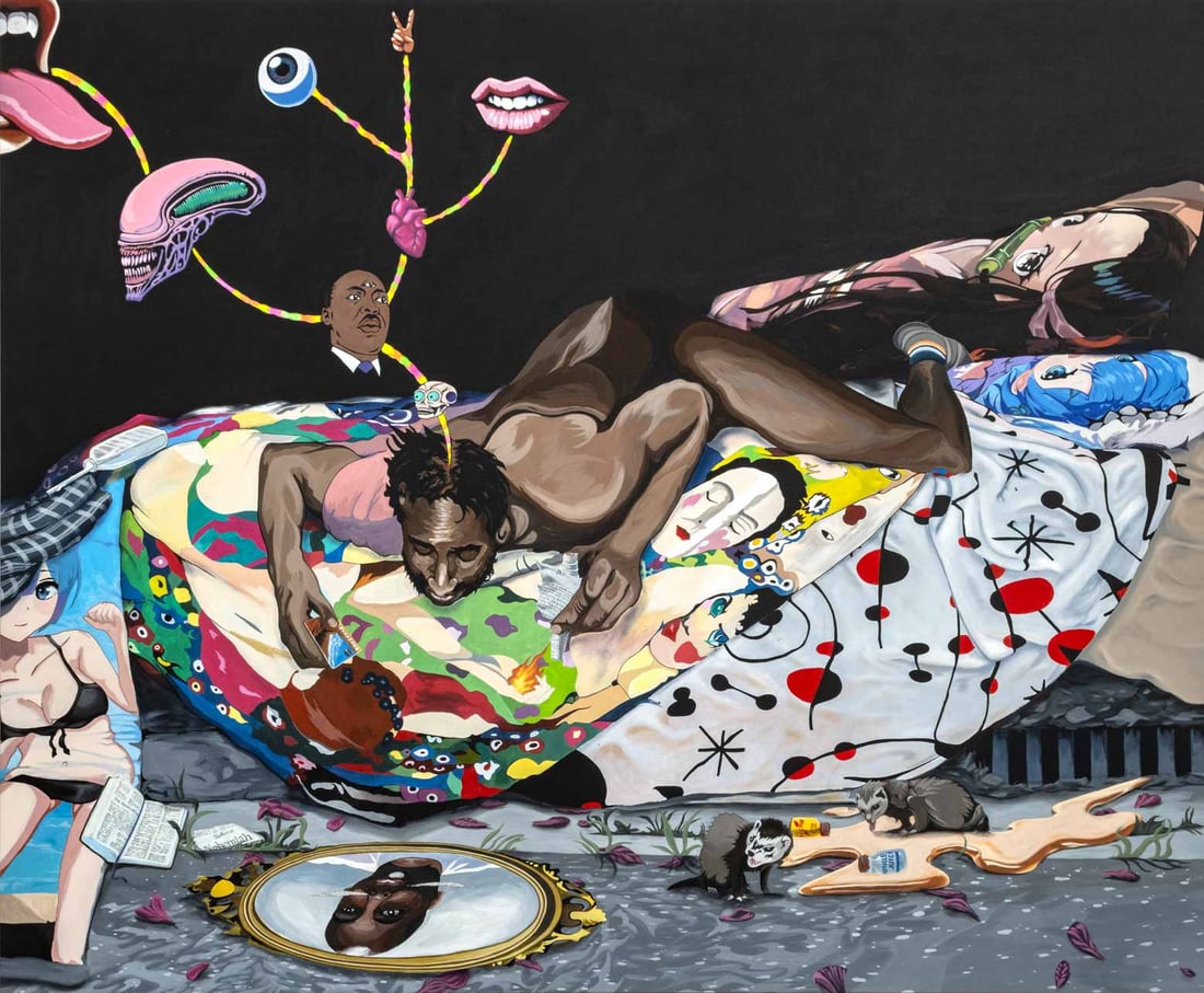 Nehemiah Cisneros "Wicked City" Acrylic, 2024: Nehemiah Cisneros (American, b. 1987), Wicked City, Acrylic on Canvas, 2024, signed and dated verso, unframed. 78" H x 95" W x 1.5" D. Provenance: From a Los Angeles Collection. Keywords: Painting,