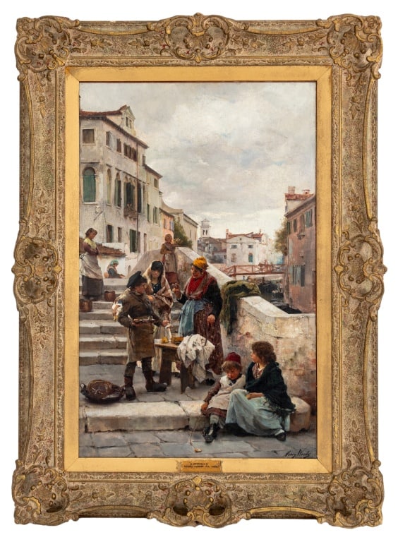 Henry Woods "Bartering" Oil on Canvas, 1885: Henry Woods (English, 1846-1921), "Bartering", Oil on Canvas, 1885, signed and dated lower left, Thomas Agnew & Sons and Levy and Dweck Rare Antiques & Fine Art labels verso, giltwood frame. Image: 28