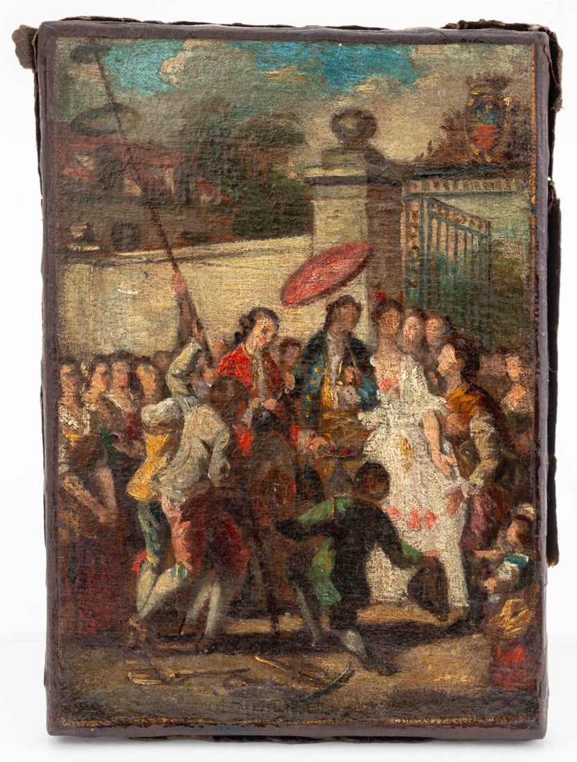 Jean-Michel Moreau Frontispice Study Oil on Canvas: Jean-Michel Moreau (French, 1741-1814), Study for a Vignette, Oil on Canvas, circa 1775, for "Les A propos de La Folie" by Pierre Laujon, inscribed "Moreau - Esquisse ou Frontispice Les A Propos de So