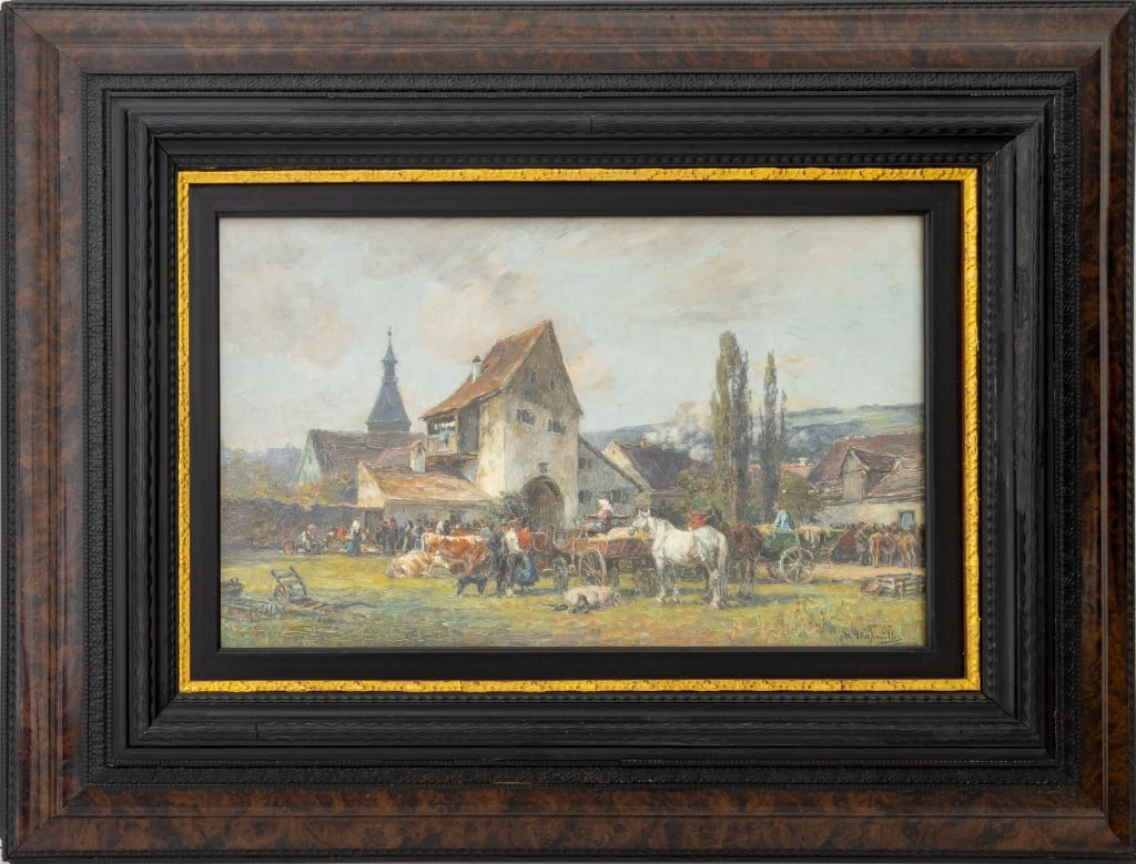 Karl Stuhlmuller "Market Scene" Oil on Panel: Karl Stuhlmuller (German, 1859-1930), "Market Scene", Oil on Panel, 19th century, signed lower right, marked verso, ebonized frame. Image: 13.5" H x 22" W; frame: 27.25" H x 35.5" W. Provenance: From
