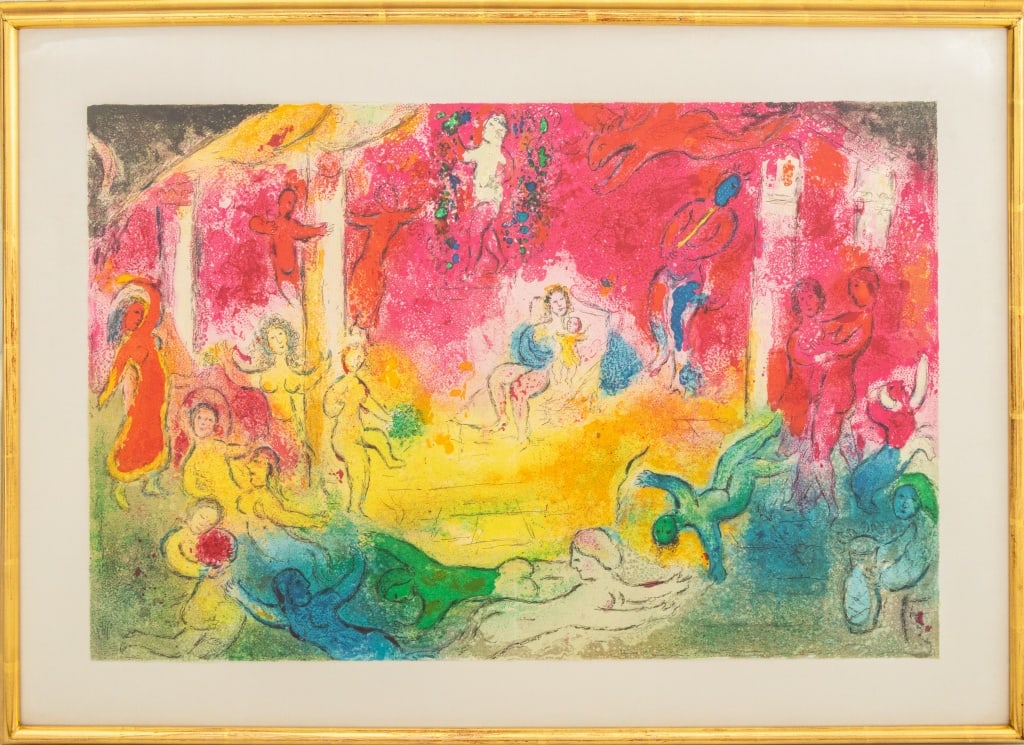 Marc Chagall "Temple et Histoire de Bacchus", 1961: Marc Chagall (Russian/French, 1887-1985), "Temple et Histoire de Bacchus" [Temple and History of Bacchus], from the "Daphnis et Chloe" series, Lithograph in Colors, 1961, from an edition of 250, publi