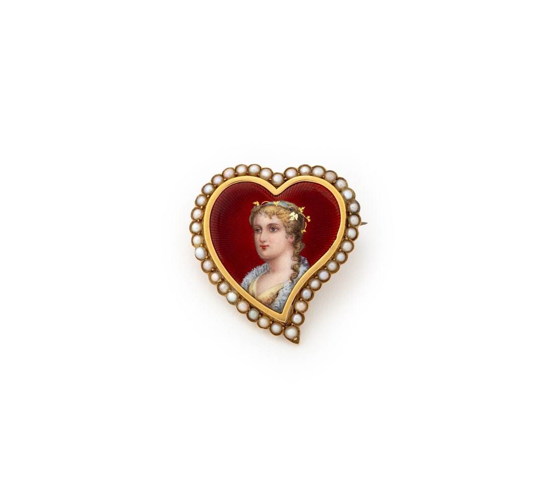 18K Yellow Gold Pearl Enamel Portrait Brooch (1 of 7)