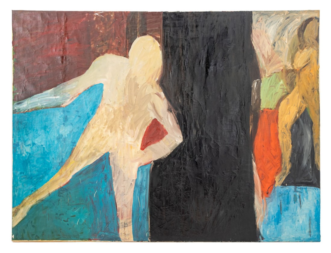 George Segal Untitled Oil on Canvas, 1959: George Segal (American, 1924-2000), Untitled (Abstract Figural Composition), Oil on Canvas, 1959, signed and dated lower right, unframed. 71.5" H x 95.25" W. Provenance: From a New York City Collectio