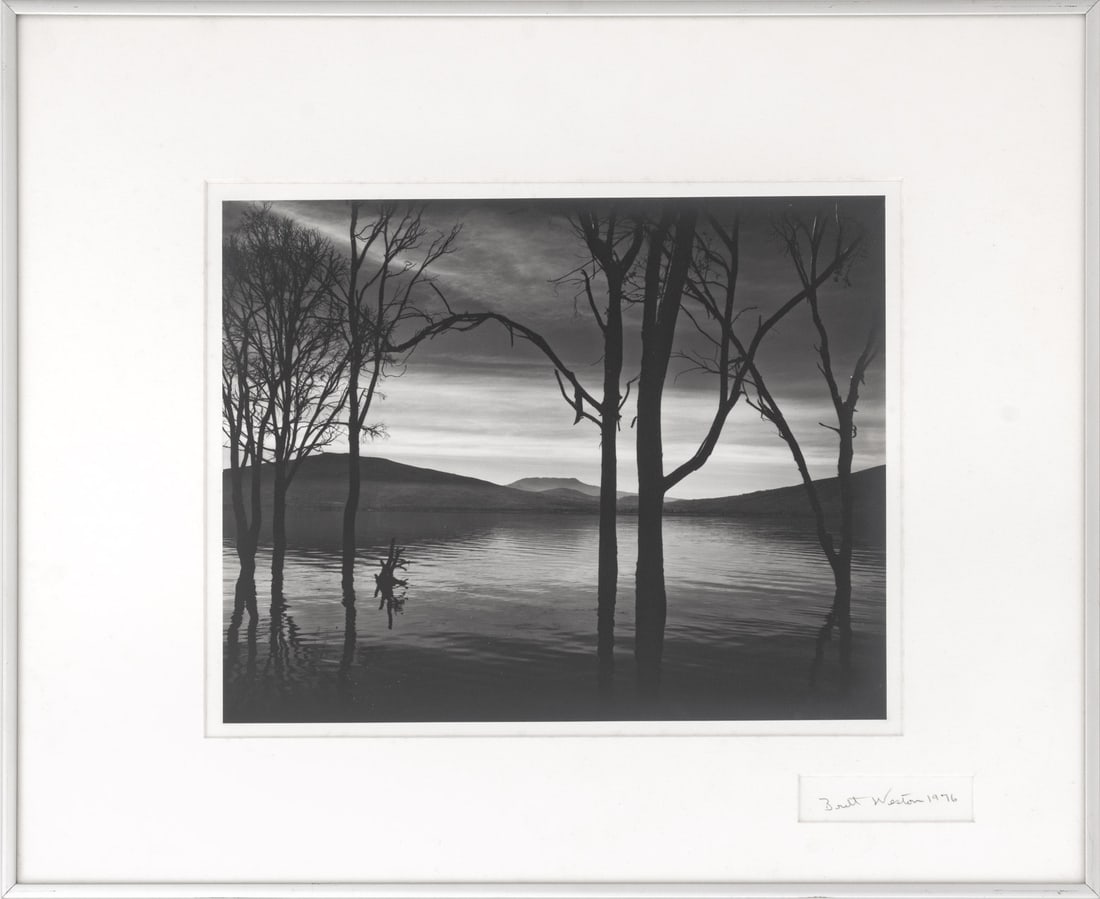 Brett Weston "Lake Patzcuaro, Mexico" Silver Print: Brett Weston (American, 1911-1993), "Lake Patzcuaro, Mexico", Gelatin Silver Print, 1976, signed and dated in pencil lower right, silver-tone metal frame. Image: 10.75" H x 13.5" W; frame: 18.25" W x