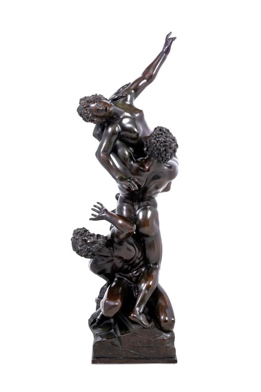 Giambologna "Rape of the Sabine Woman" Bronze: After Giambologna (Jean de Boulogne, Italian, 1529-1608) "Rape of the Sabine Woman" Patinated Bronze Sculpture, French, late 19th century. 42.5" H x 12" W x 12" D. Note: This bronze model is a reducti