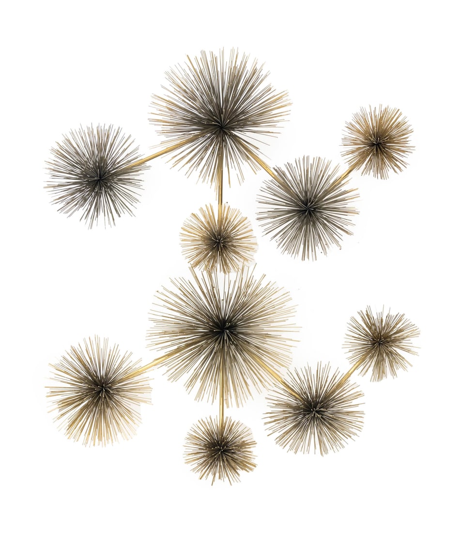 Contemporary Brass Dandelion Wall Sculptures, 2: Two Contemporary Brass Dandelion Wall Sculptures. 40.5" H x 28.5" W x 10.5" D. Provenance: From a New York City Collection. Keywords: Statue, Three-dimensional, Floral, Flowers, Modernist, Minimalism,