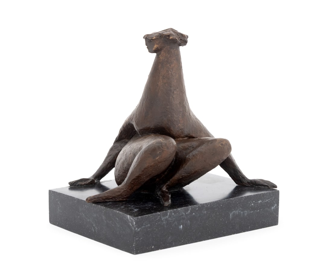 Lily Landis Seated Nude Bronzed Sculpture: Lily Landis (American, 1918-XXI) Seated Nude Patinated Bronzed Resin Sculpture, signed "Landis", mounted on black marble base. 8.25" H x 8" W x 6.5" D. Provenance: From an Upper West Side, New York Ci