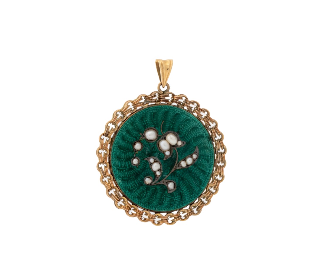 14K Gold Guilloche Enamel Pearl Pendant: 14K Yellow Gold Guilloche Enamel Seed Pearl Pendant, featuring round green guilloche enamel panel decorated with fifteen seed pearls approx. 2.0 - 3.5 mm, with floral design, framed with 14K yellow go