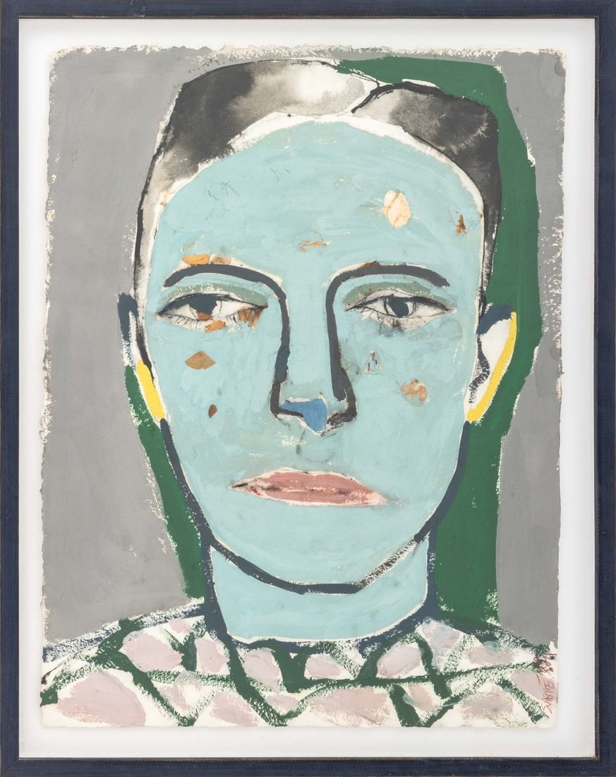 Monica Subide Portrait of a Girl Mixed Media, 2021: Monica Subide (Spanish, b. 1974), Portrait of a Girl, Mixed Media on Paper with Collage Elements, 2010-2021, signed and dated lower right, ebonized wood frame. Image: 25.25" H x 19.25" W; frame: 29" H