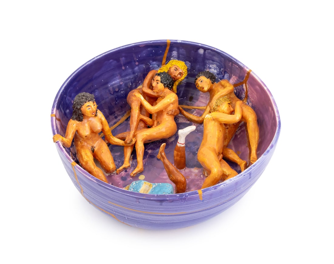 Urara Tsuchiya Glazed Earthenware Sculpture: Urara Tsuchiya (Japanese, b. 1979) Untitled (Orgy Bowl) Polychrome Glazed Earthenware Sculpture, circa 2020. 7.25" H x 19" Diameter. Provenance: From a Los Angeles Collection. Keywords: Ceramics, Art