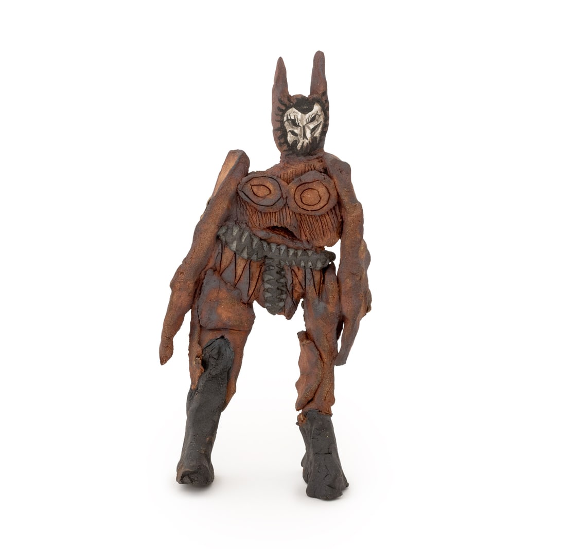 Jack Alving Monster Character Sculpture, 2024: Jack Alving (American, XX-XXI) Monster Character Polychrome Glazed Ceramic Sculpture, 2024, signed and dated to underside. 8.25" H x 4" W x 2.5" D. Provenance: From a Los Angeles Collection.