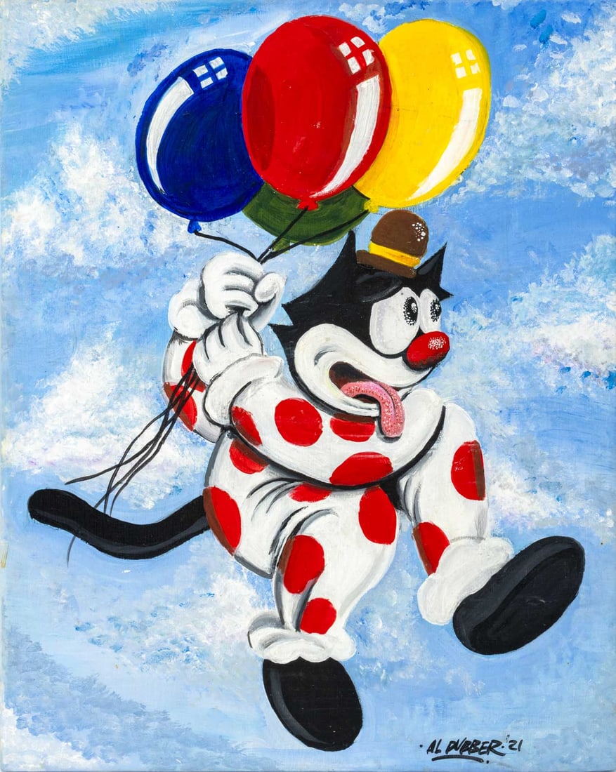 Al Dubber Cat Clown with Balloons Oil, 2021: Al Dubber (American, XX-XXI), Cat Clown with Balloons, Oil on Canvas, 2021, signed and dated lower right, unframed. 20" H x 16" W x 0.75" D. Provenance: From a Los Angeles Collection. Keywords:
