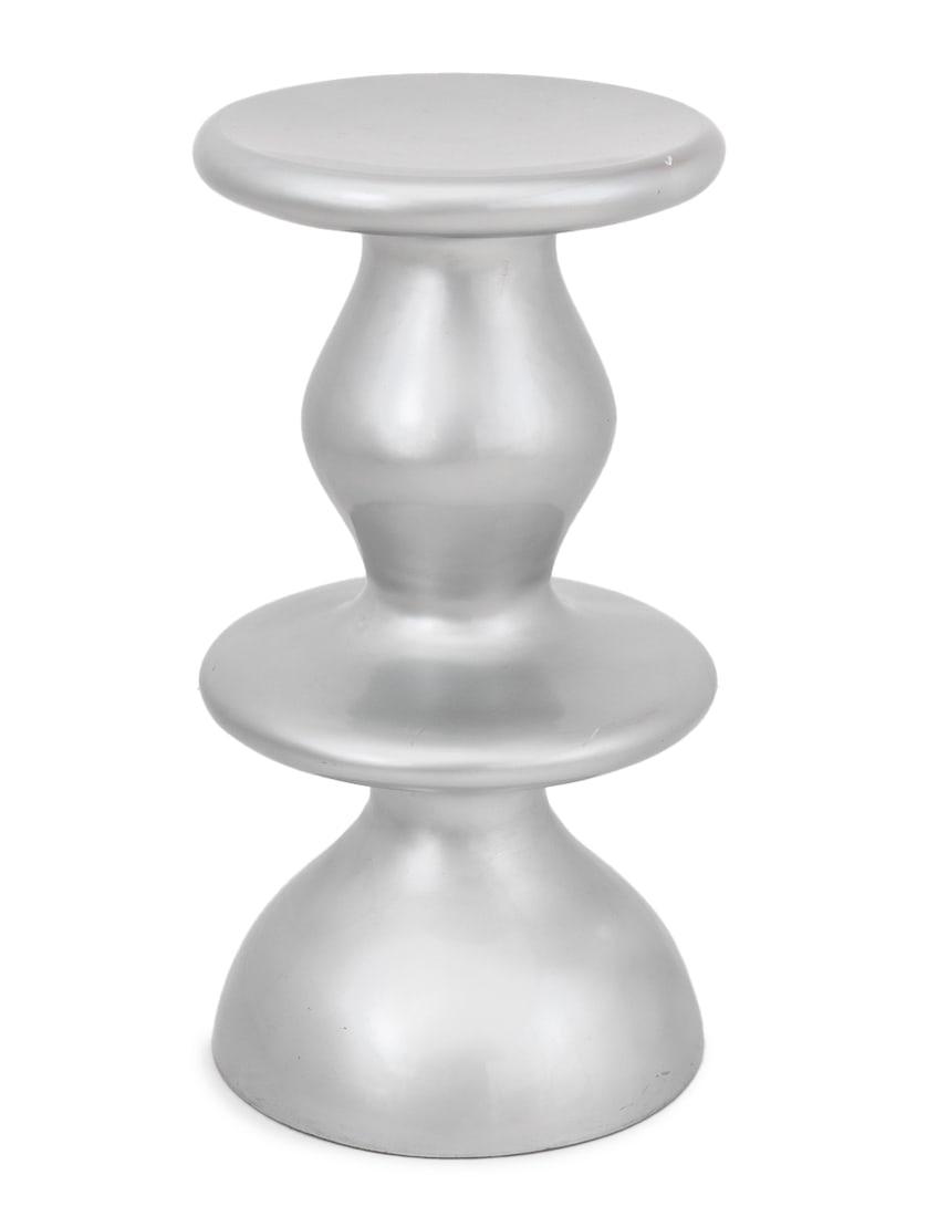 Karim Rashid "One Off" Silver-Tone Pedestal: Karim Rashid (Egyptian/Canadian, b. 1960) One-of-a-Kind Silver-Tone Lacquered Resin Stool or Pedestal, geometric form with circular base and top. 19" H x 15" Diameter. Provenance: Museum of Arts and