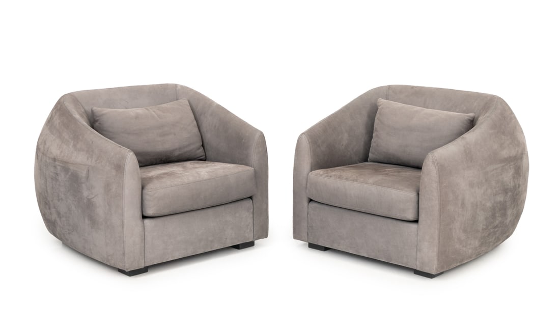 Modern Style Gray Suede Tub Chairs, Pair: Pair of Modern Style Gray Suede Upholstered Tub Chairs. 30" H x 31.5" W x 35" D; seat: 16.5" H. Provenance: From a 157 West 57th Street Collection. Keywords: Contemporary Furniture, Seating,