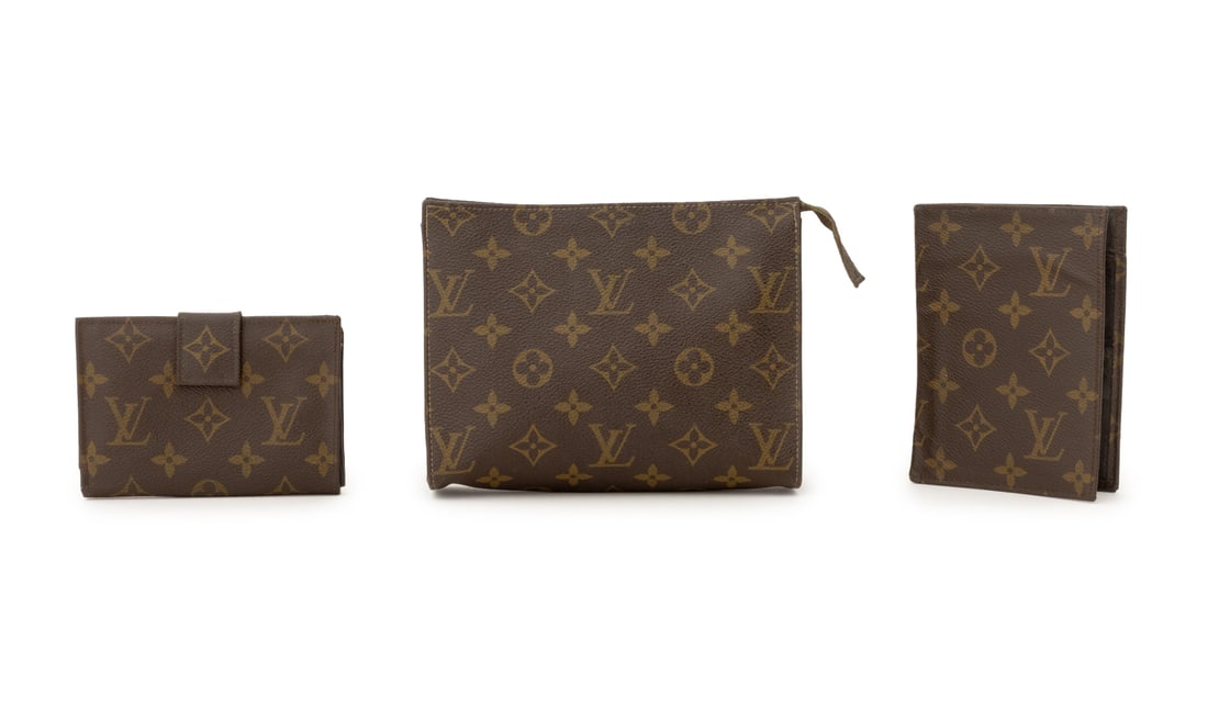 Louis Vuitton Monogram Canvas Accessories, 3: Group of Three Louis Vuitton Monogram Canvas Accessories, comprising: breast pocket wallet with credit card slots and ID window, kiss lock wallet with change purse and money holder, and flat zipper po