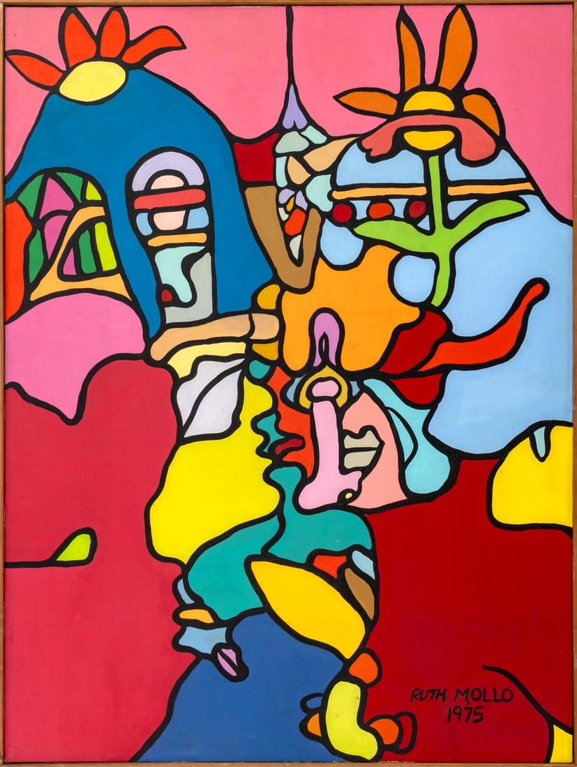 Ruth Mollo Untitled Acrylic on Canvas, 1975: Ruth Mollo (American, XX), Untitled (Abstract Figural Composition), Acrylic on Canvas, 1975, signed and dated lower right, wood frame. Image: 48.25" H x 36" W; frame: 49" H x 36.75" W x 1.75" D.