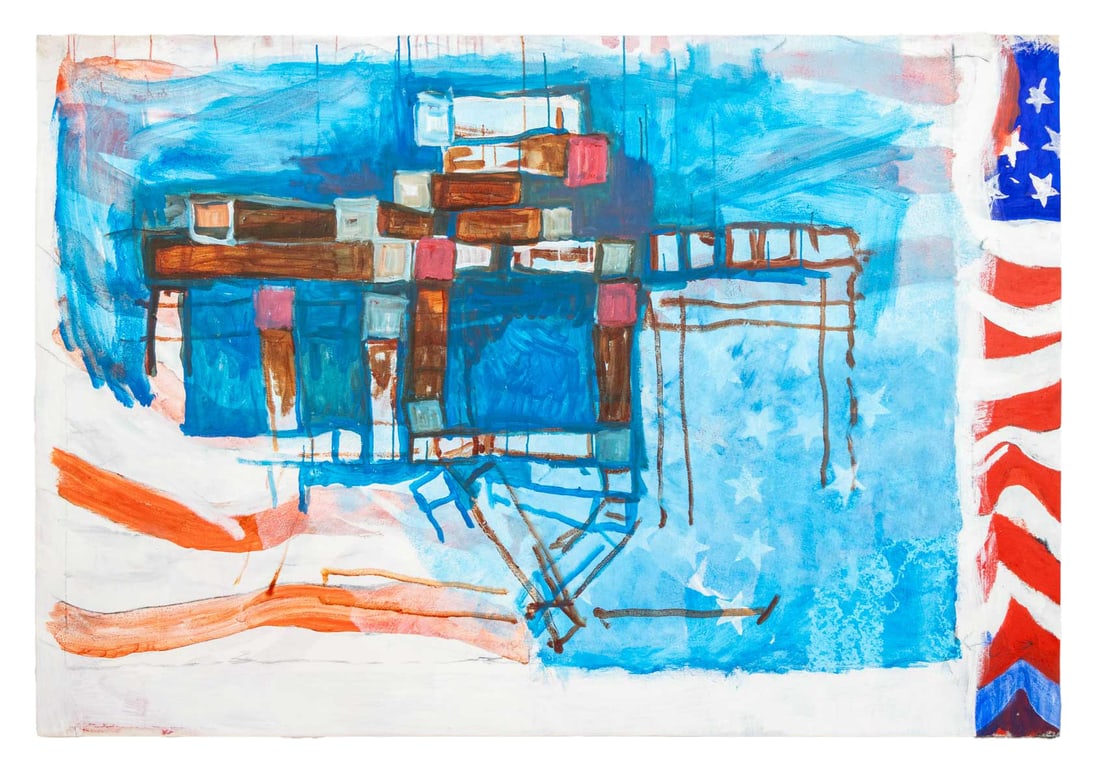 Domenick Capobianco Abstraction Oil on Canvas: Domenick Capobianco (American, b. 1928), Abstract Composition, Oil on Canvas, geometric grid composition over American flag, apparently unsigned, stamped "Studio Domenick Capobianco" verso, unframed.