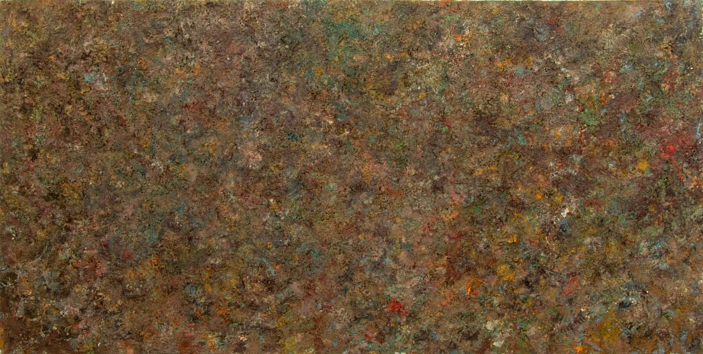Andy Miller Abstract Composition Oil on Canvas: Andy Miller (American, b. 1950), Abstract Composition, Oil on Canvas, impasto details, dark green with heavy texture, reddish brown highlights, with artist's studio stamp verso, apparently unsigned, u